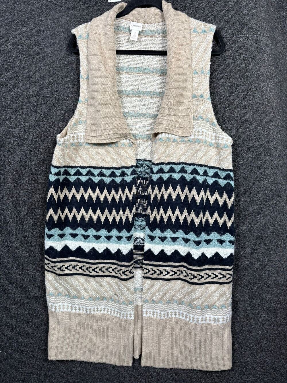 Chico's Wool Blend Open Cardigan Sweater Womens Sz 3 US XL Southwest Sleeveless